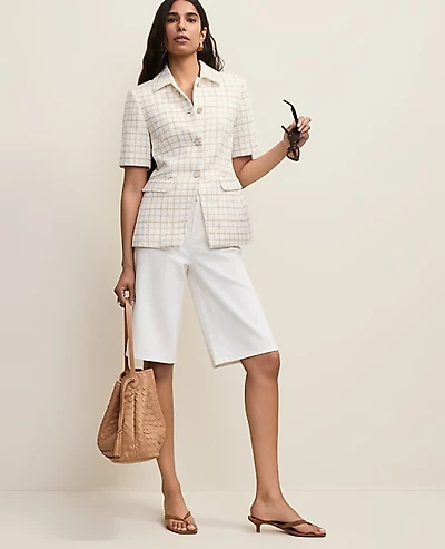 Ann Taylor The Petite Short Sleeve Cutaway Jacket Metallic Tweed Gold/White Women's