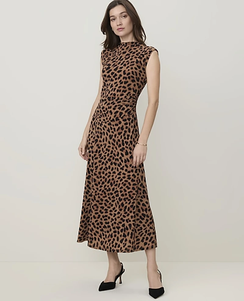 Ann Taylor Animal Print Mock Neck Midi Dress Cafe Au Lait B Women's