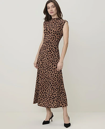 Ann Taylor Animal Print Mock Neck Midi Dress Cafe Au Lait B Women's