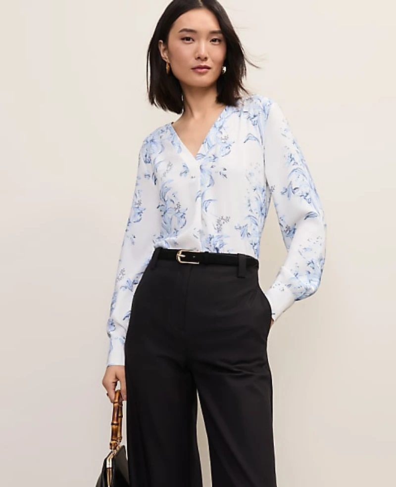 Ann Taylor Petite Floral Pleat Front Top White-Blue Women's