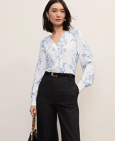 Ann Taylor Petite Floral Pleat Front Top White-Blue Women's
