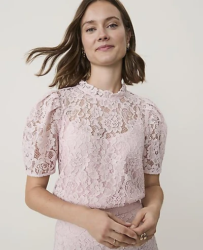 Ann Taylor Puff Sleeve Lace Top Mother Of Pearl Women's