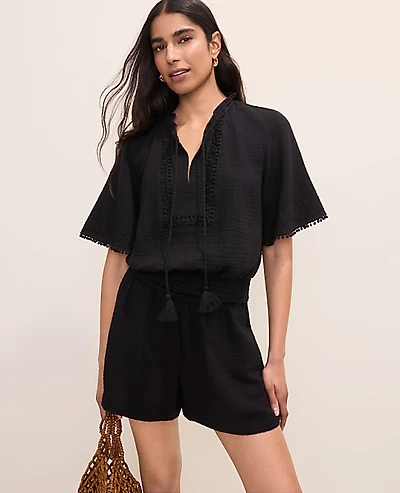 Ann Taylor Smocked Bobble Trim Blouse Women's