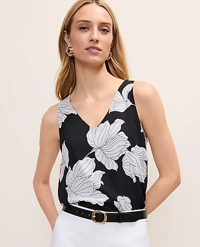 Ann Taylor Floral V-Neck Shell Top Black Women's