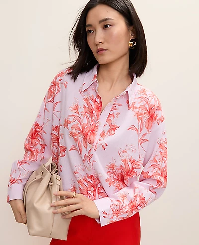 Ann Taylor Floral Linen Button Down Shirt Aperol Women's