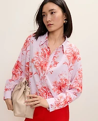 Ann Taylor Floral Linen Button Down Shirt Aperol Women's