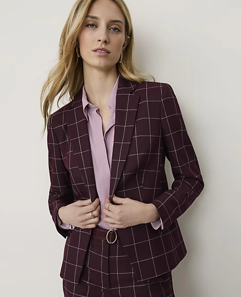Ann Taylor The Notched Single Button Blazer Windowpane Burgundy Women's