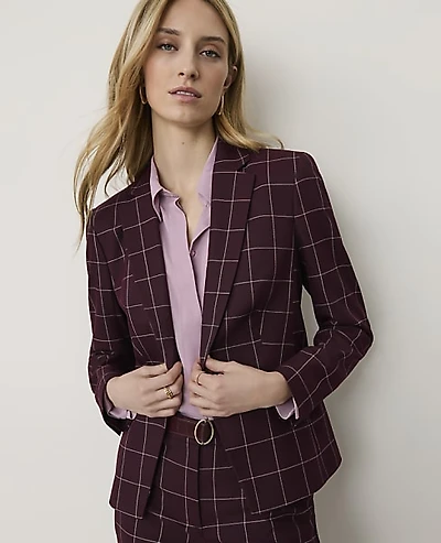 Ann Taylor The Notched Single Button Blazer Windowpane Burgundy Women's