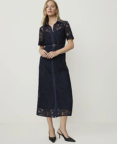 Ann Taylor Belted Lace Midi Shirtdress Night Sky Women's