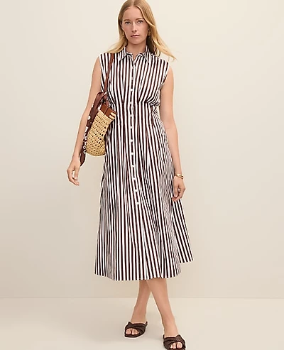 Ann Taylor Weekend Striped Pleated Midi Shirtdress Rich Walnut Women's