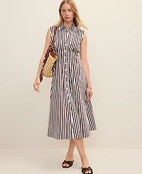 Ann Taylor Weekend Striped Pleated Midi Shirtdress Rich Walnut Women's