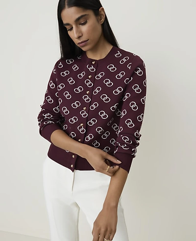 Ann Taylor Petite Geo Print Crew Neck Cardigan Purest Plum Women's