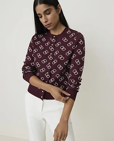 Ann Taylor Petite Geo Print Crew Neck Cardigan Purest Plum Women's