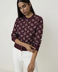 Ann Taylor Petite Geo Print Crew Neck Cardigan Purest Plum Women's
