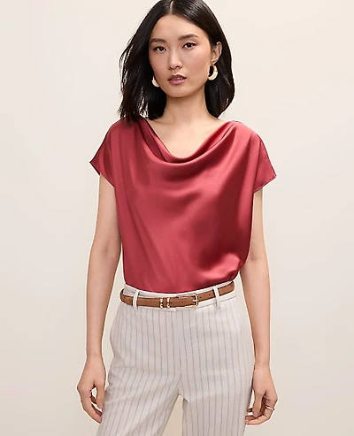 Ann Taylor Petite Satin Cowl Neck Top Rose Clay Women's