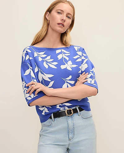 Ann Taylor Floral Jacquard Boatneck Sweater Dream Blue Women's