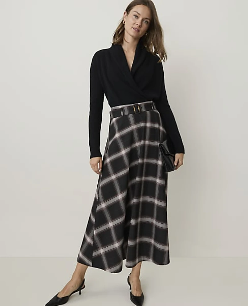 Ann Taylor Plaid Belted Full Midi Skirt French Mocha Women's