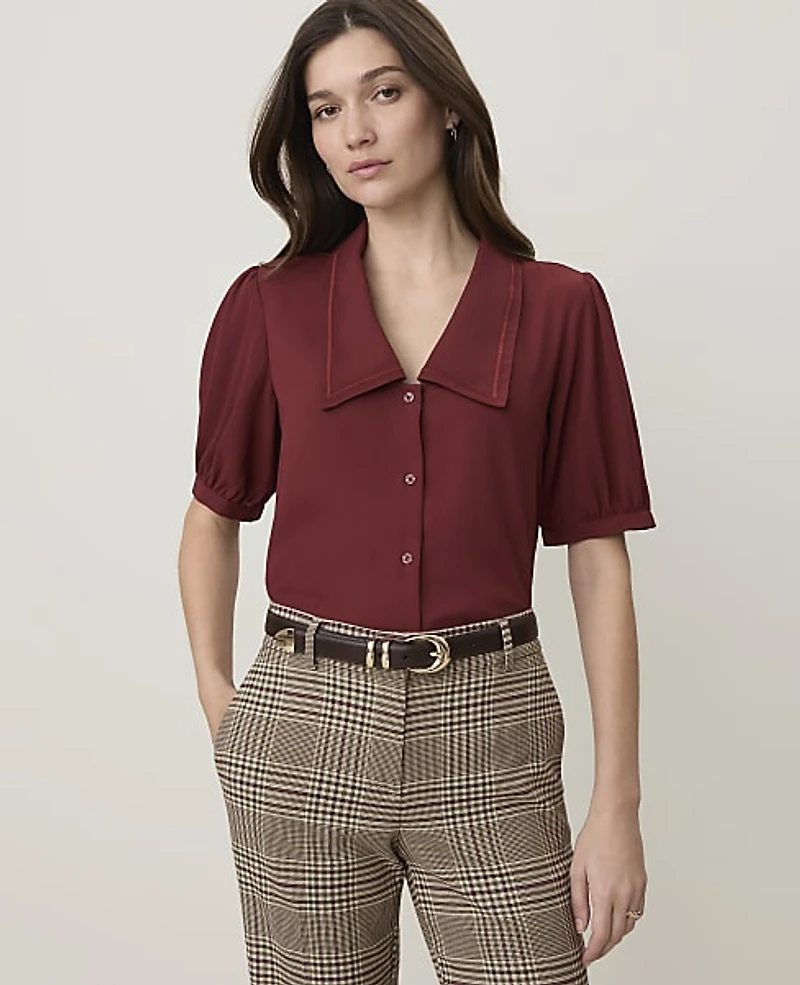 Ann Taylor Puff Sleeve Blouse Rich Merlot Women's