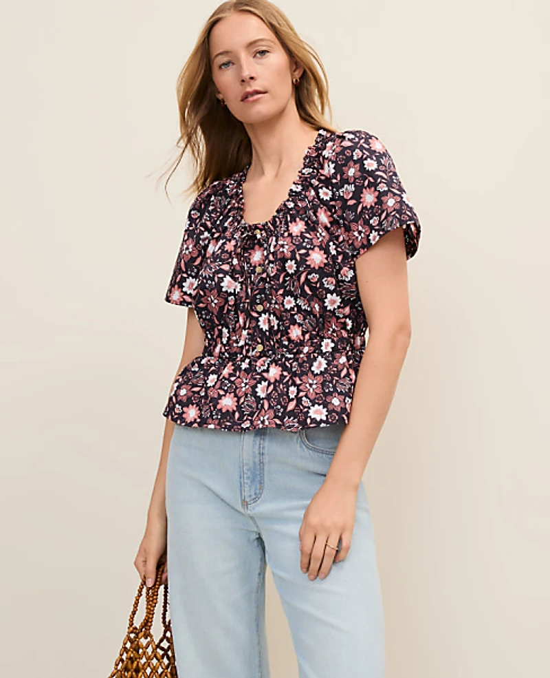 Ann Taylor Weekend Floral Gathered Peplum Top Night Sky B Women's