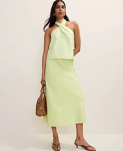 Ann Taylor Bias Midi Slip Skirt Linen Blend Lime Slice Women's