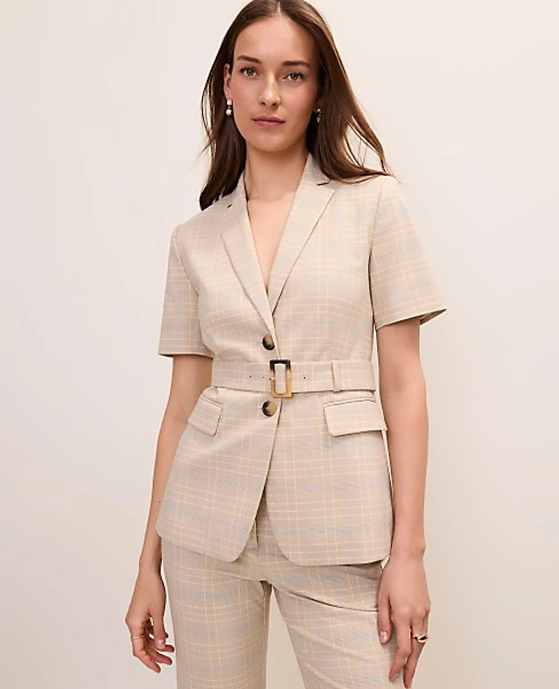 Ann Taylor The Petite Belted Greenwich Blazer Plaid Mixed Level Neutral Women's