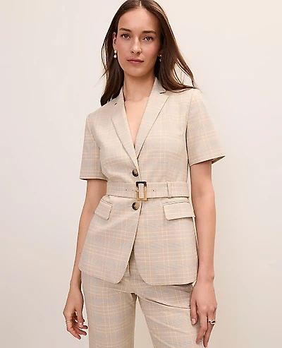 Ann Taylor The Petite Belted Greenwich Blazer Plaid Mixed Level Neutral Women's