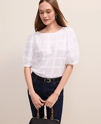 Ann Taylor Petite Crochet Windowpane Popover Top White Women's