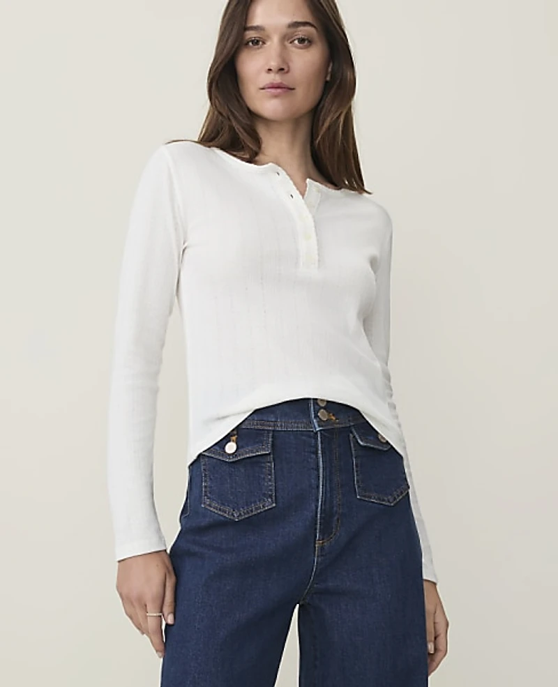 Ann Taylor Petite Weekend Pointelle Henley Top Winter White Women's