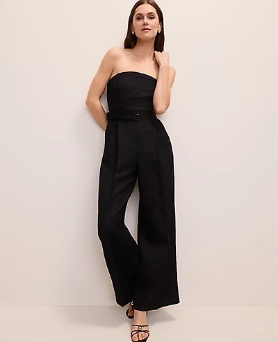 Ann Taylor Petite Belted Strapless Jumpsuit Linen Blend Black Women's