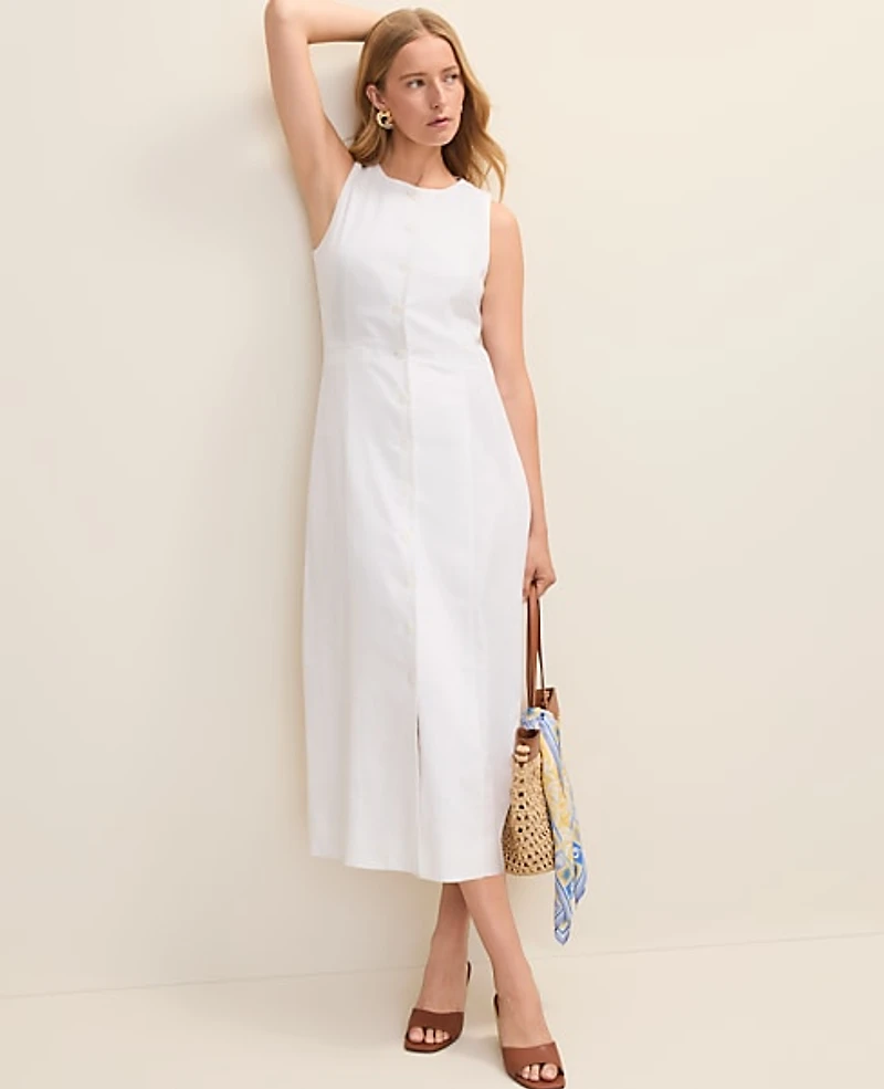 Ann Taylor Petite Button Midi Dress Linen Blend White Women's