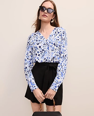 Ann Taylor Petite Paisley Mixed Media Pleat Front Top Winter White - Pure Ink Women's