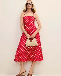 Ann Taylor Petite Polka Dot Midi Dress in Linen Blend Size 8 Bright Cherry Women's