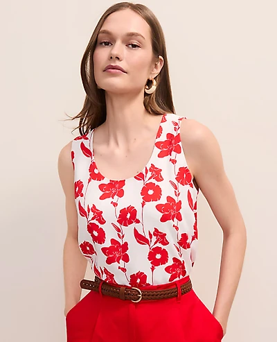 Ann Taylor Petite Floral Mixed Media Tank Top Bright Cherry Women's