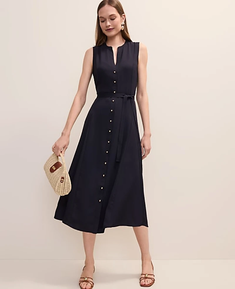 Ann Taylor Petite Belted Flare Dress Size 12 Night Sky Women's