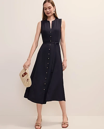Ann Taylor Petite Belted Split Neck Flare Dress Night Sky Women's