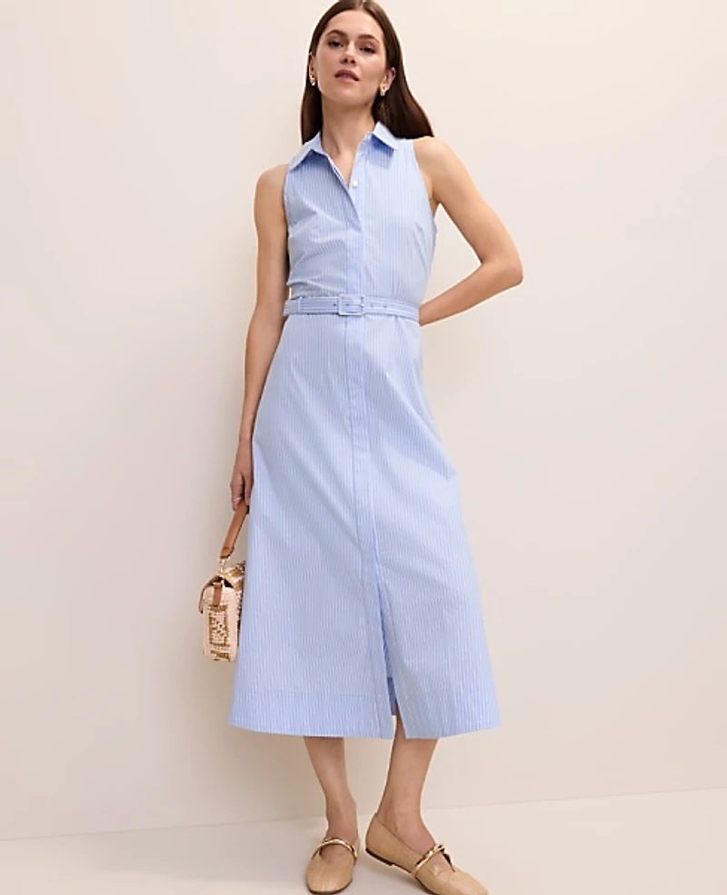 Ann Taylor Petite Striped Collared Halter Midi Dress Vista Blue Women's