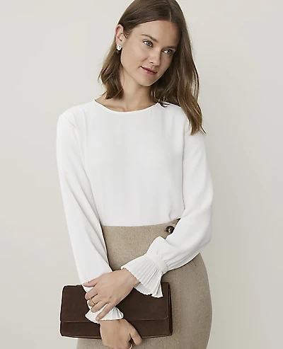 Ann Taylor Petite Mixed Media Pleat Cuff Top Winter White Women's