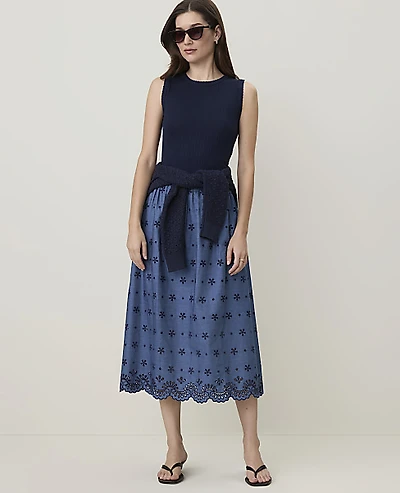 Ann Taylor Petite Weekend Eyelet Midi Skirt Sea Haze Women's