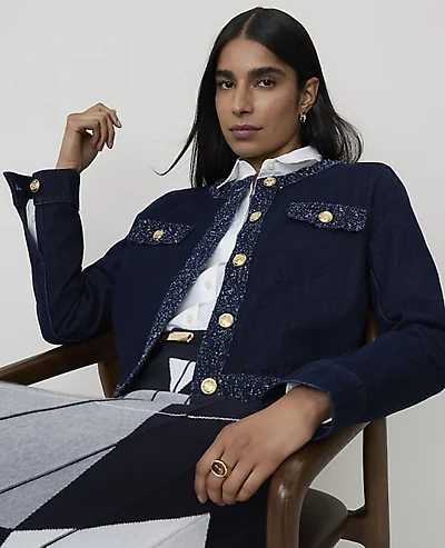 Ann Taylor Bouclé Trimmed Denim Jacket Bright Indigo Wash Women's