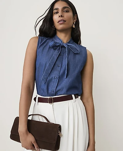 Ann Taylor Sleeveless Bow Neck Blouse Chambray Women's