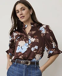 Ann Taylor Floral Ruffle Collar Shirt French Mocha Women's
