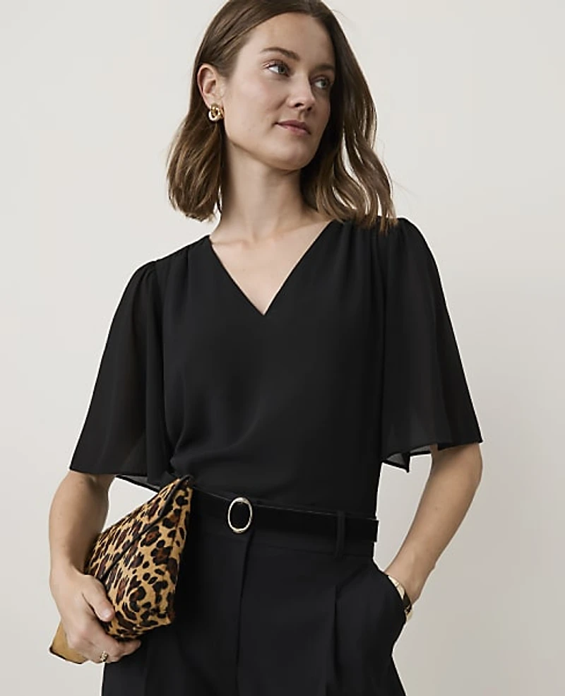 Ann Taylor Petite Flutter Sleeve V-Neck Popover Top Women's