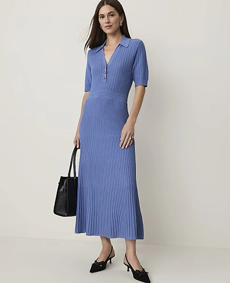 Ann Taylor Petite Pointelle Polo Midi Sweater Dress Ocean Oasis Women's