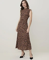 Ann Taylor Petite Animal Print Mock Neck Midi Dress Cafe Au Lait B Women's
