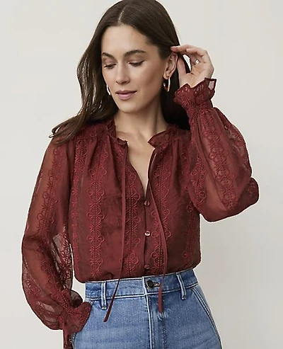 Ann Taylor Embroidered Blouson Sleeve Blouse Women's