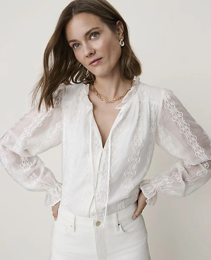 Ann Taylor Embroidered Blouson Sleeve Blouse Winter White Women's