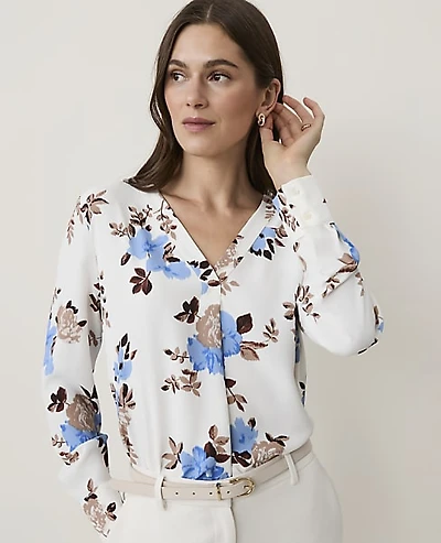 Ann Taylor Petite Floral Mixed Media Pleat Front Top Cheerful Blue-Ww Women's