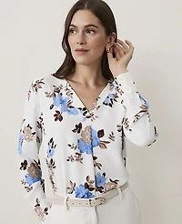 Ann Taylor Petite Floral Mixed Media Pleat Front Top Cheerful Blue-Ww Women's