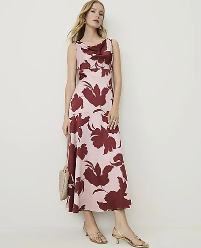 Ann Taylor Petite Floral Cowl Neck Midi Dress Opal Blush Women's