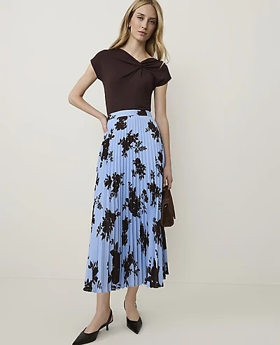 Ann Taylor Floral Pleated Midi Skirt Cheerful Blue Women's